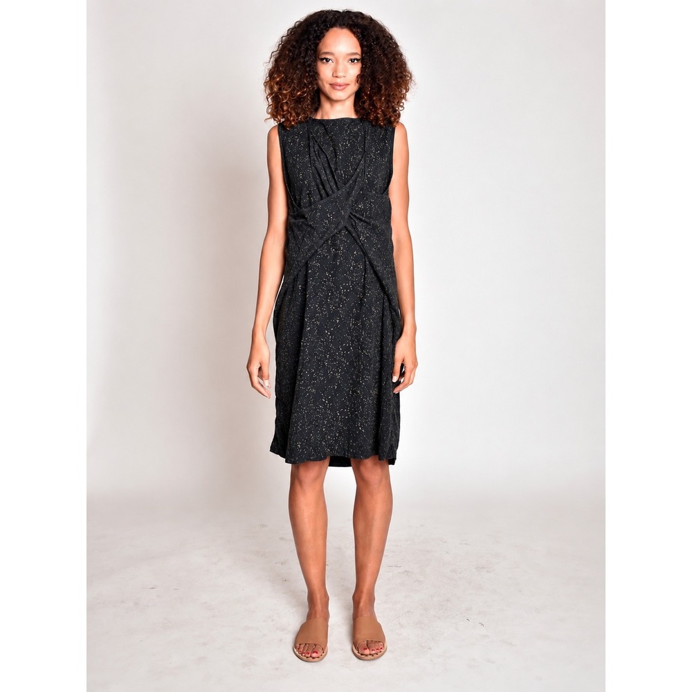 UZI NYC Printed Oxford Wrap Dress Black Speckled Cotton One Free Size Lagenlook